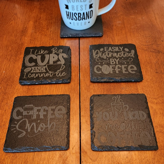 Coffee Themed Quote Slate Coaster Set with Holder