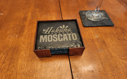 Wine Themed Quote Slate Coaster Set with Holder