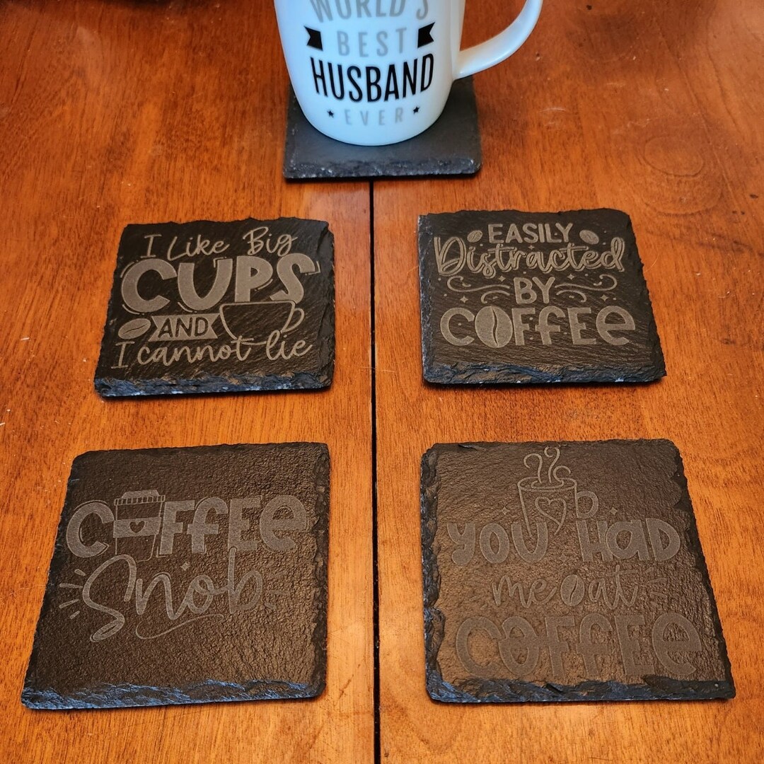 Set of four engraved slate coasters with funny coffee quotes