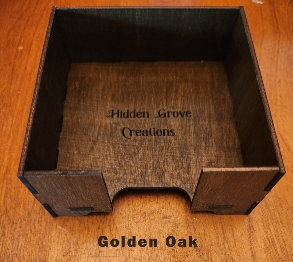 Wooden coaster holder shown in four wood finishes