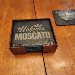 Set of four engraved slate coasters with funny wine quotes