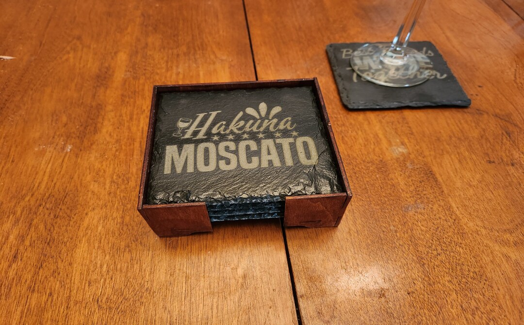 Set of four engraved slate coasters with funny wine quotes